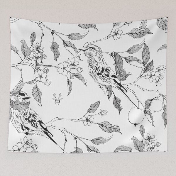 Item preview, Line apple branch with birds on it. Blooming branch of sakura apple tree seamless pattern. designed and sold by MatyKotiv.