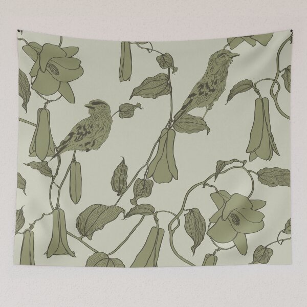 Item preview, Botanical seamless pattern, various lapageria flowers, lilac breasted Roller bird and leaves. designed and sold by MatyKotiv.