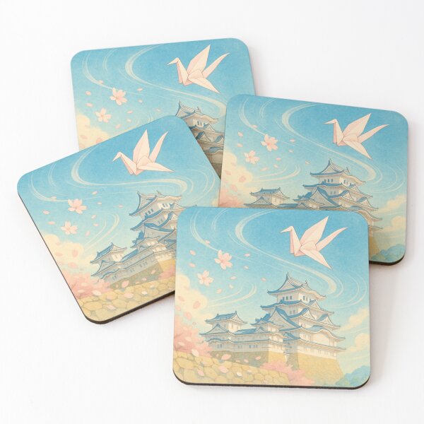 Item preview, Spring Breeze Over the Castle – Origami Crane and Sakura Sky designed and sold by TokyoBloomworks.