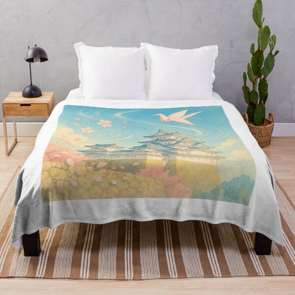 Item preview, Spring Breeze Over the Castle – Origami Crane and Sakura Sky designed and sold by TokyoBloomworks.