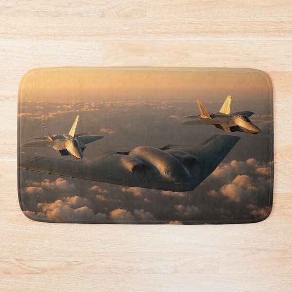 Artikelvorschau, Tarnkappenbomber B-2 Spirit mit F-22 Raptor-Eskorte entworfen und verkauft von Skyframe Aviation.