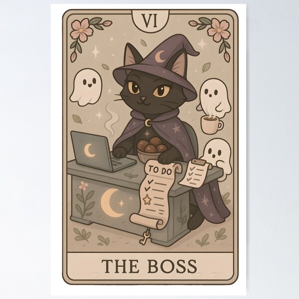 Item preview, The Boss – Witchy Cat Tarot Card for Girl Bosses & Cozy Witches designed and sold by SONandMOONcreationsAU.