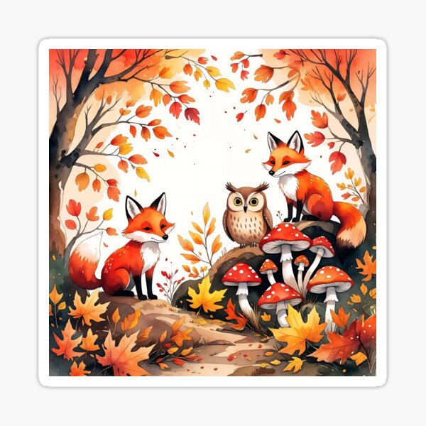 Item preview, Foxes, Owl, and Mushrooms In Autumn  designed and sold by MoonMonkeyNbear.