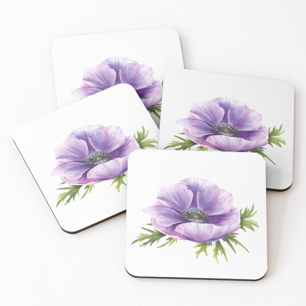 Item preview, Purple flowers Anemone with leaves. Watercolor realistic sketch. Violet blooming bud sticker designed and sold by BartolArt.