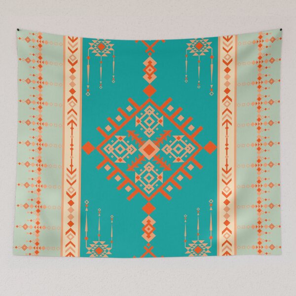 Item preview, Teal Geometric Textile Pattern with Orange and Peach Accents Intricate designed and sold by Crispifly.