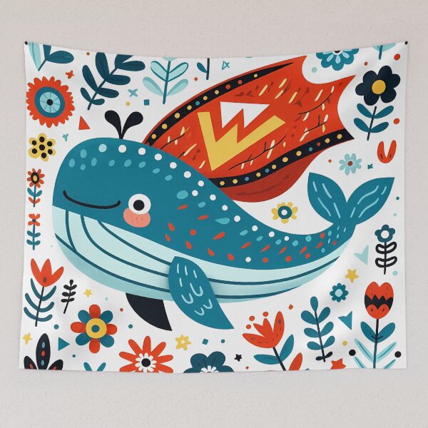 Item preview, Cute Summer Blue Whale Superhero - Scandinavian Folk Art by heidiannemorris © designed and sold by FOLK ART FUSION by heidiannemorris.