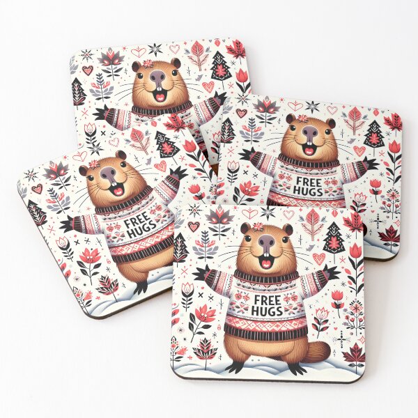 Item preview, Cute Winter Holiday FREE HUGS Capybara - Scandinavian Folk Art by heidiannemorris © designed and sold by FOLK ART FUSION by heidiannemorris.