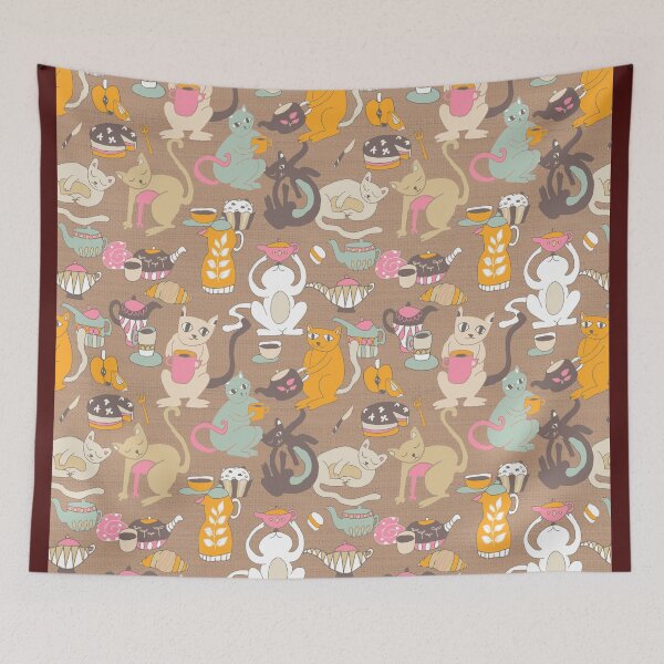 Item preview, Cats breakfast tea party brown designed and sold by Alessandro Remo Mazzoni Remotextiles.