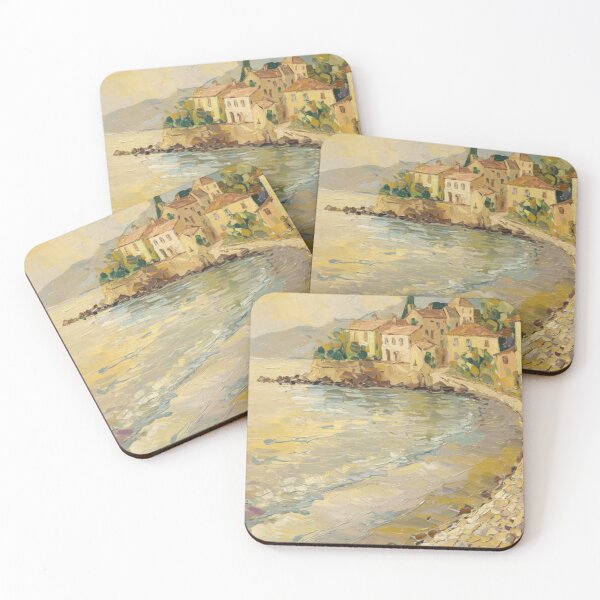 Item preview, Seaside Promenade | French Coastal Village Curve at Sunset – Impressionist Art by Carraann designed and sold by CARRAANN.