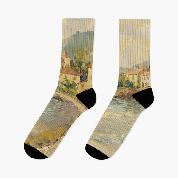 Item preview, Seaside Promenade | French Coastal Village Curve at Sunset – Impressionist Art by Carraann designed and sold by CARRAANN.