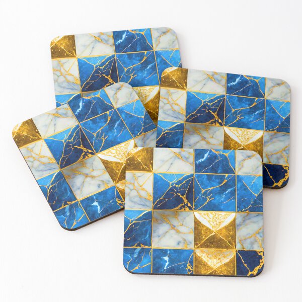 Item preview, Marbleized Blue and Gold Square Surreal Tiles 3D designed and sold by RoomShiners.
