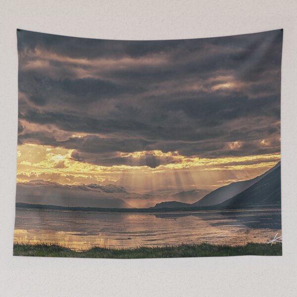 Item preview, Golden Light Over Icelandic Mountains – Sunset Rays Landscape designed and sold by Kristvin Gudmundsson.