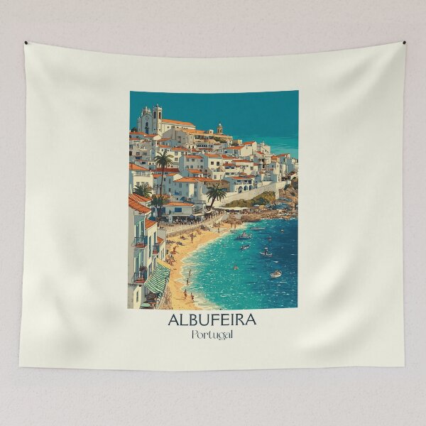 Item preview, Albufeira Portugal Travel Poster - Algarve Beach Town Mediterranean Coastal Art Print designed and sold by TuncGK.