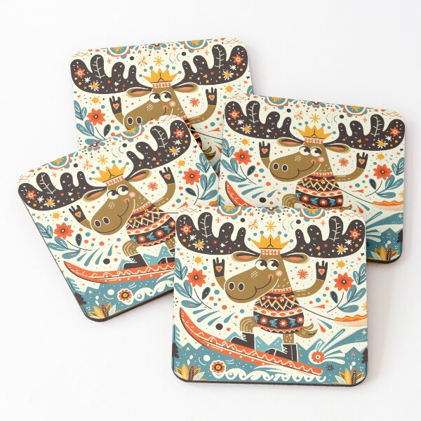 Item preview, Cute Summer Surfing Moose - Scandinavian Folk Art by heidiannemorris © designed and sold by FOLK ART FUSION by heidiannemorris.