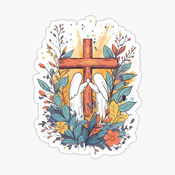 Item preview, Christian Art Of a Cross With Virgin Mary and Magdalene, Vibrant Floral Faith In Modern Illustration  designed and sold by VueArts.