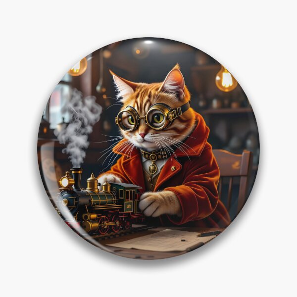 Item preview, Steampunk Cat Engineer – Orange Tabby with Miniature Train on Table designed and sold by EmeraldeaArt.