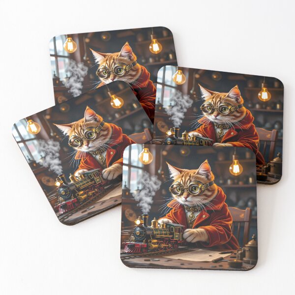 Item preview, Steampunk Cat Engineer – Orange Tabby with Miniature Train on Table designed and sold by EmeraldeaArt.