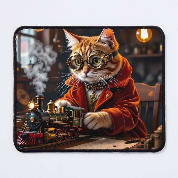 Item preview, Steampunk Cat Engineer – Orange Tabby with Miniature Train on Table designed and sold by EmeraldeaArt.