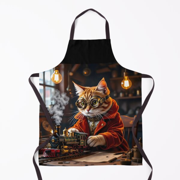 Item preview, Steampunk Cat Engineer – Orange Tabby with Miniature Train on Table designed and sold by EmeraldeaArt.