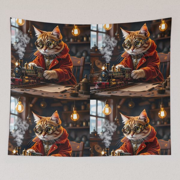 Item preview, Steampunk Cat Engineer – Orange Tabby with Miniature Train on Table designed and sold by EmeraldeaArt.