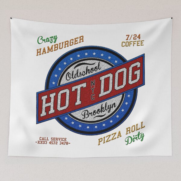 Item preview, oldschool hot dog nyc brooklyn hamburger cafe badge embroidery iron patch textured graphic artwork designed and sold by hayrpictures.
