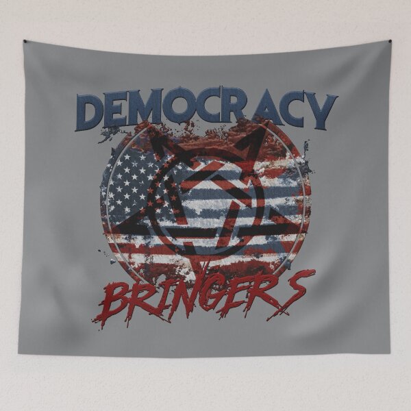 Item preview, democracy bringers - pentagram star with worn out american flag on dirty united states map badge embroidery iron patch textured graphic artwork designed and sold by hayrpictures.