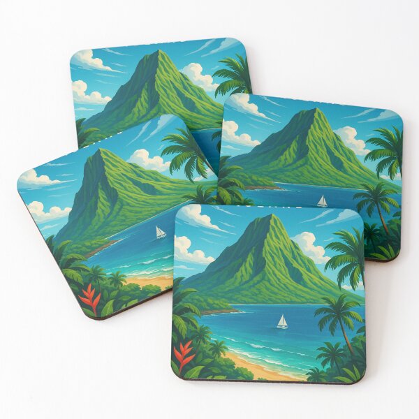 Item preview, Coastal Peaks and Sailboat off Réunion Island designed and sold by Aryabek.