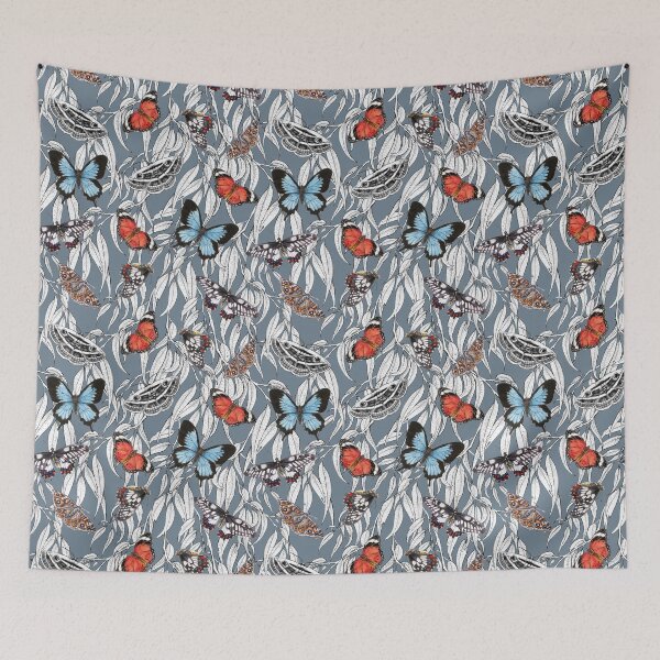 Item preview, Australian Butterflies and Gum Leaves on Dusky Blue designed and sold by Nadya Neklioudova.