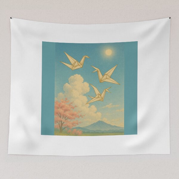 Item preview, Golden Origami Cranes in Spring Sky – Mt. Iwate and Cherry Blossoms designed and sold by TokyoBloomworks.