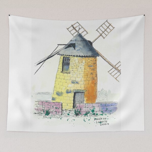 Item preview, Windmill. Pen and watercolor drawing, travel diary in Lozère. designed and sold by Alain DIVINE.