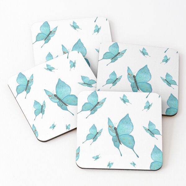 Item preview, Watercolor Turquoise Butterflies Playing Tambourines Pattern with white background designed and sold by AlenaArtStudio.