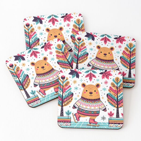 Item preview, Joyful Winter Holiday Ice Skating Bear - Scandinavian Folk Art by heidiannemorris © designed and sold by FOLK ART FUSION by heidiannemorris.