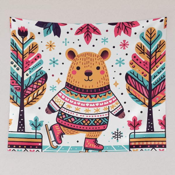 Item preview, Joyful Winter Holiday Ice Skating Bear - Scandinavian Folk Art by heidiannemorris © designed and sold by FOLK ART FUSION by heidiannemorris.