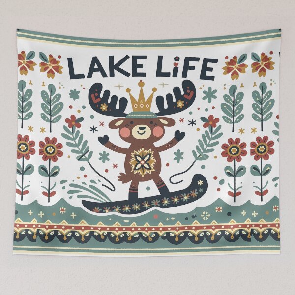Item preview, Regal Summer Lake Life Moose - Scandinavian Folk Art by heidiannemorris © designed and sold by FOLK ART FUSION by heidiannemorris.