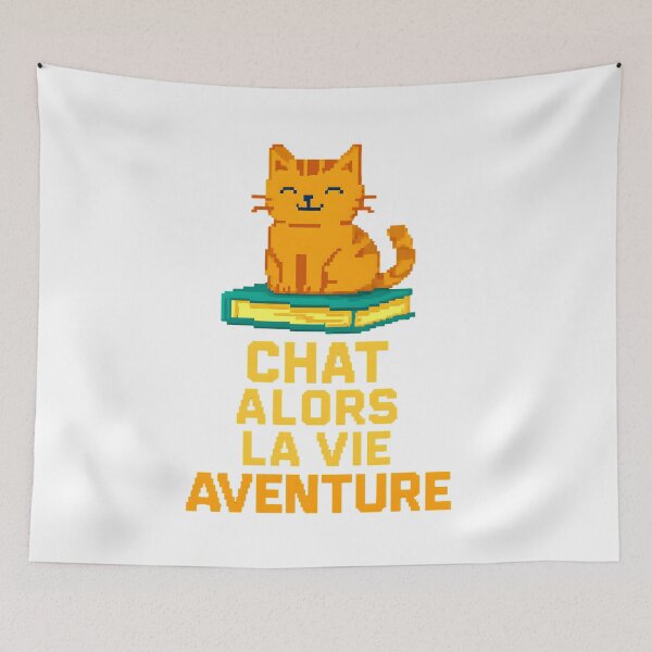 Item preview, A cat sitting on a book, with the text "Cat So Life Adventure" in pixel art. designed and sold by chol94.