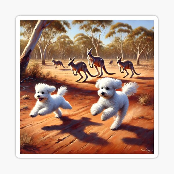 Item preview, Bichon Frises Running with Kangaroos – Australian Outback Dog Art designed and sold by BichonDesigns.