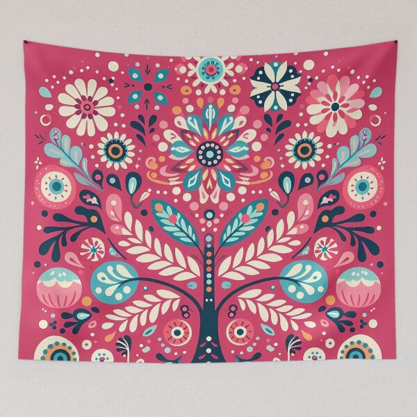 Item preview, Colorful Red and Teal Spring Folk Tree - Scandinavian Folk Art by heidiannemorris © designed and sold by FOLK ART FUSION by heidiannemorris.