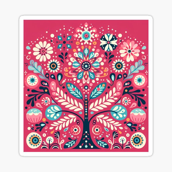 Item preview, Colorful Red and Teal Spring Folk Tree - Scandinavian Folk Art by heidiannemorris © designed and sold by FOLK ART FUSION by heidiannemorris.