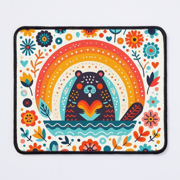 Item preview, Cute Spring Beaver with Rainbow Heart - Scandinavian Folk Art by heidiannemorris © designed and sold by FOLK ART FUSION.