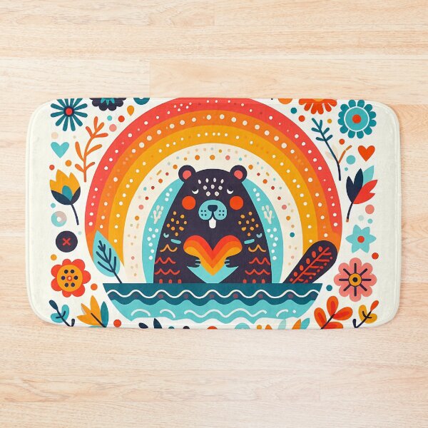 Item preview, Cute Spring Beaver with Rainbow Heart - Scandinavian Folk Art by heidiannemorris © designed and sold by FOLK ART FUSION by heidiannemorris.