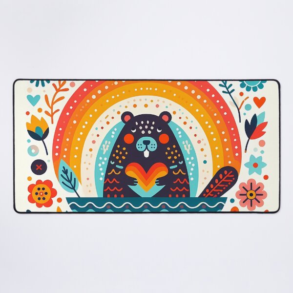 Item preview, Cute Spring Beaver with Rainbow Heart - Scandinavian Folk Art by heidiannemorris © designed and sold by FOLK ART FUSION by heidiannemorris.