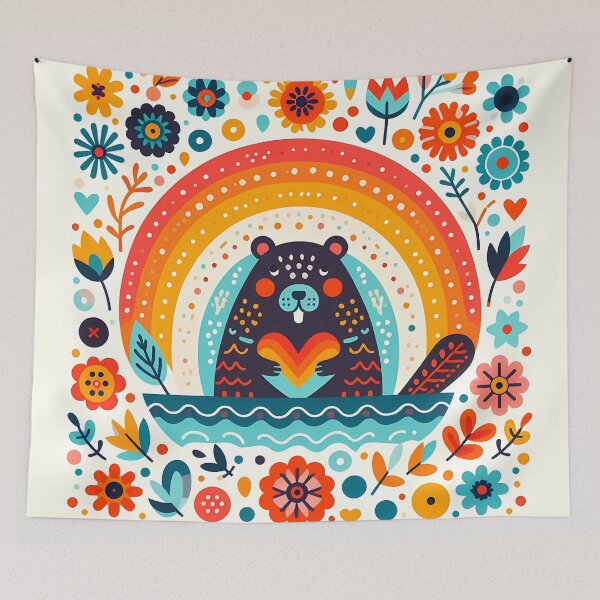 Item preview, Cute Spring Beaver with Rainbow Heart - Scandinavian Folk Art by heidiannemorris © designed and sold by FOLK ART FUSION by heidiannemorris.