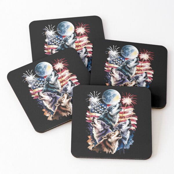 Item preview, Wolf 4th Of July Howling Wolves Under Moon American Flag designed and sold by BakeryDozen.