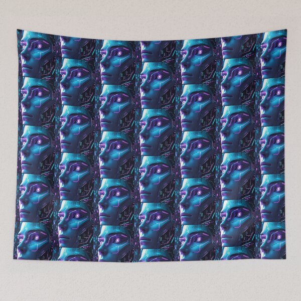 Item preview, Pixelated Cyberpunk Face – Cyan & Violet Glitch Portrait version 4 designed and sold by modishwelt.