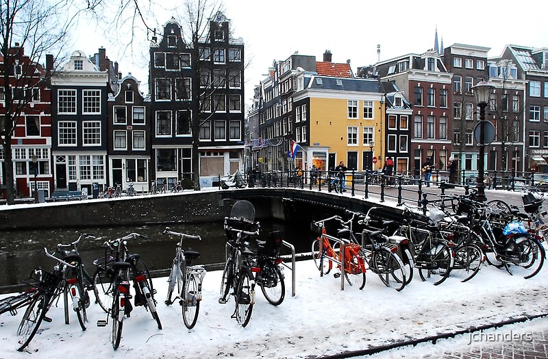 "Bikes in the snow at Amsterdam" by jchanders Redbubble