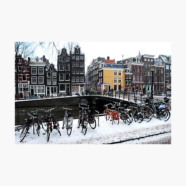 Bikes in the snow at Amsterdam Photographic Print