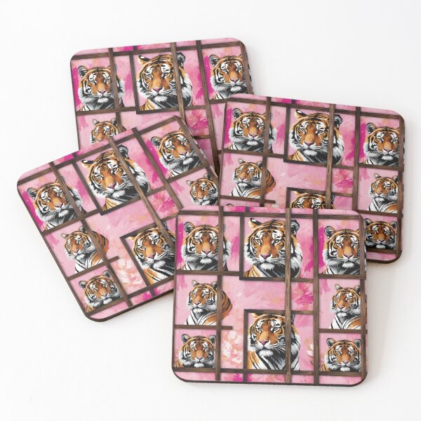 Item preview, Fierce Tigers In Rustic Wooden Frames On A Vivid Pink Background designed and sold by CarrollGene.