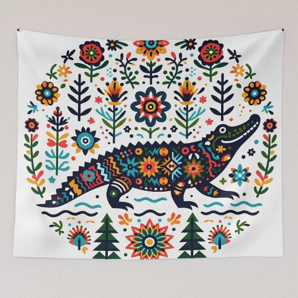 Item preview, Vibrant Summer Folk Alligator - Scandinavian Folk Art by heidiannemorris © designed and sold by FOLK ART FUSION.