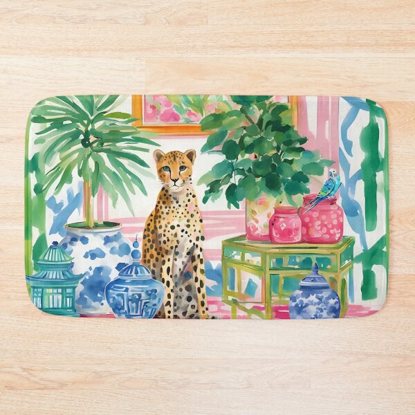 Item preview, Preppy cheetah and blue budgie in chinoiserie interior designed and sold by SophieClimaArt.