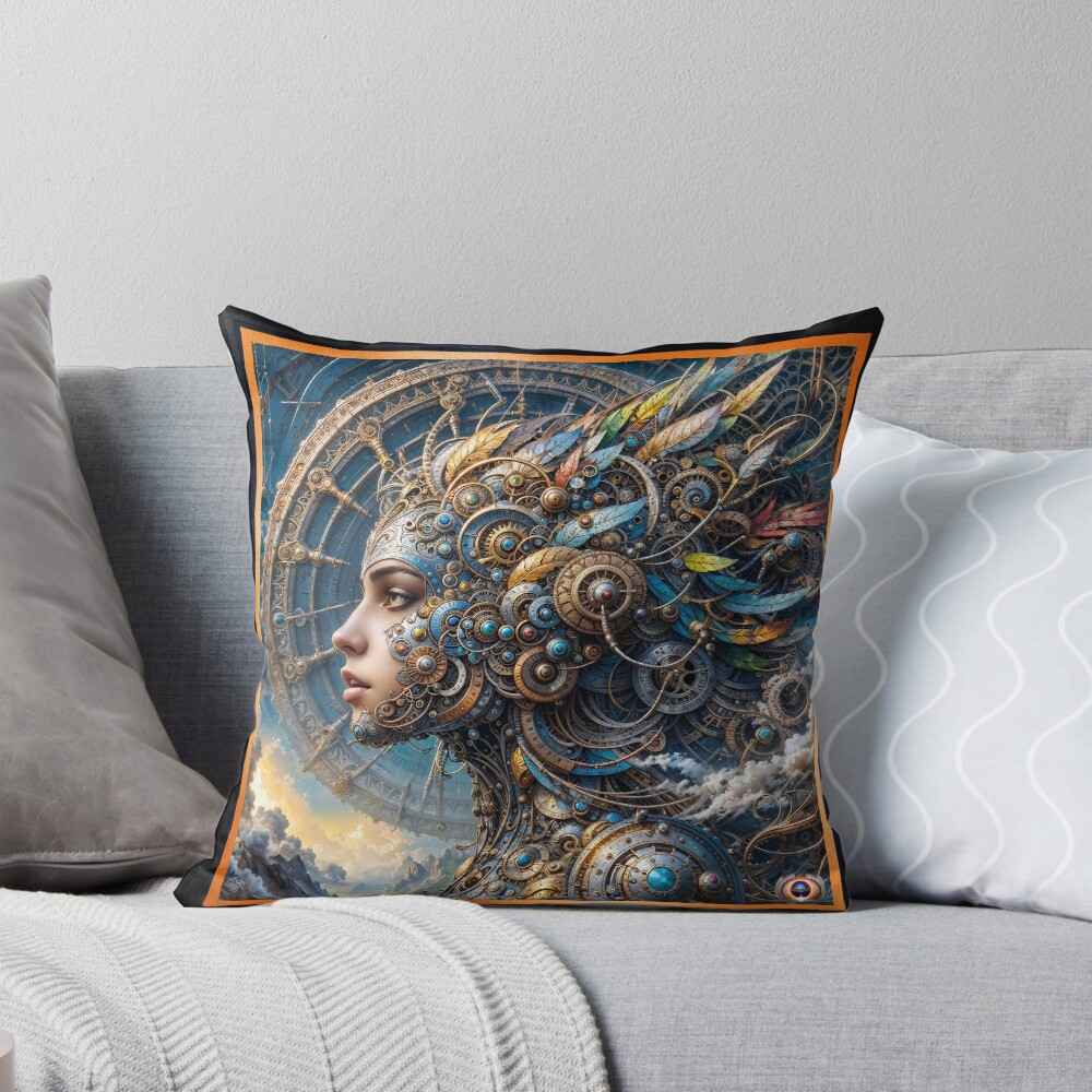 Zayna-Rhea Surreal Mechanized Celestial Portrait Stunning AI Concept Art by Xzendor7 Decorative Art Print Throw Pillow